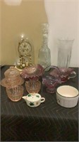 Assorted decorative glassware and clock