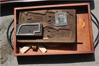 wooden silverware box, serving tray, stamps