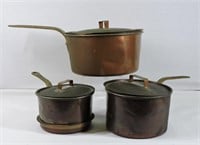 3 Antique Copper Cooking Pots With Lids