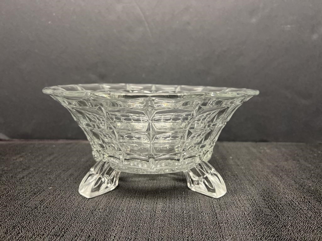Footed glass bowl, grape design on bottom