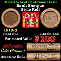 Mixed Small Cents 1c Orig shotgun Roll, 1913-d Lin
