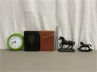 Cast horses, books, & a clock