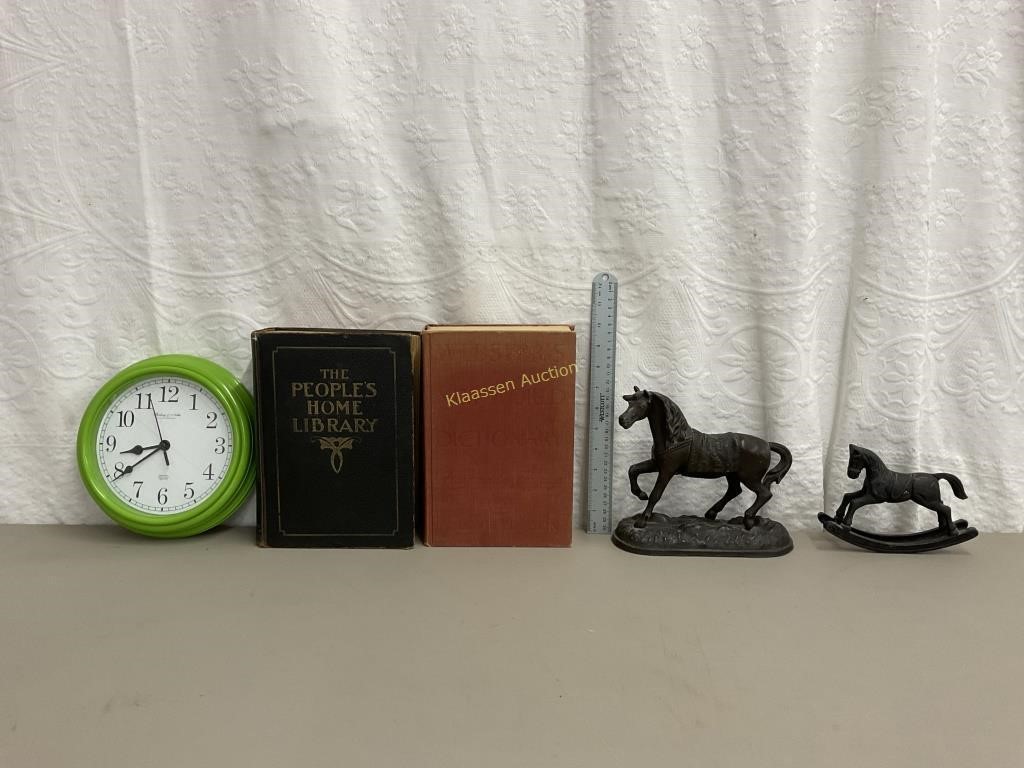 Cast horses, books, & a clock