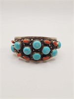 (HI) Sterling Silver Turquoise and Coral Cuff