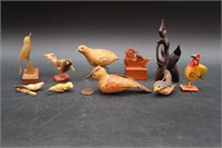 10 Folk-Art Carved Wood Wild Birds & Roosters