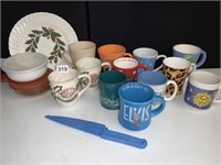 ASSORTED MUGS AND GLASS CONTAINER WITH LID, ETC.