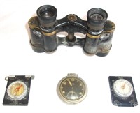 Vintage compasses, binoculars & pocket watch.