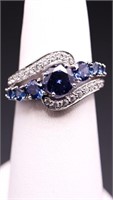Sterling blue/white sapphire dinner ring lab grown