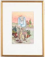 Judaica Watercolor on Paper "Man in Contemplation"