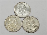 3- 1956 Ben Franklin Silver Half Dollar Coins