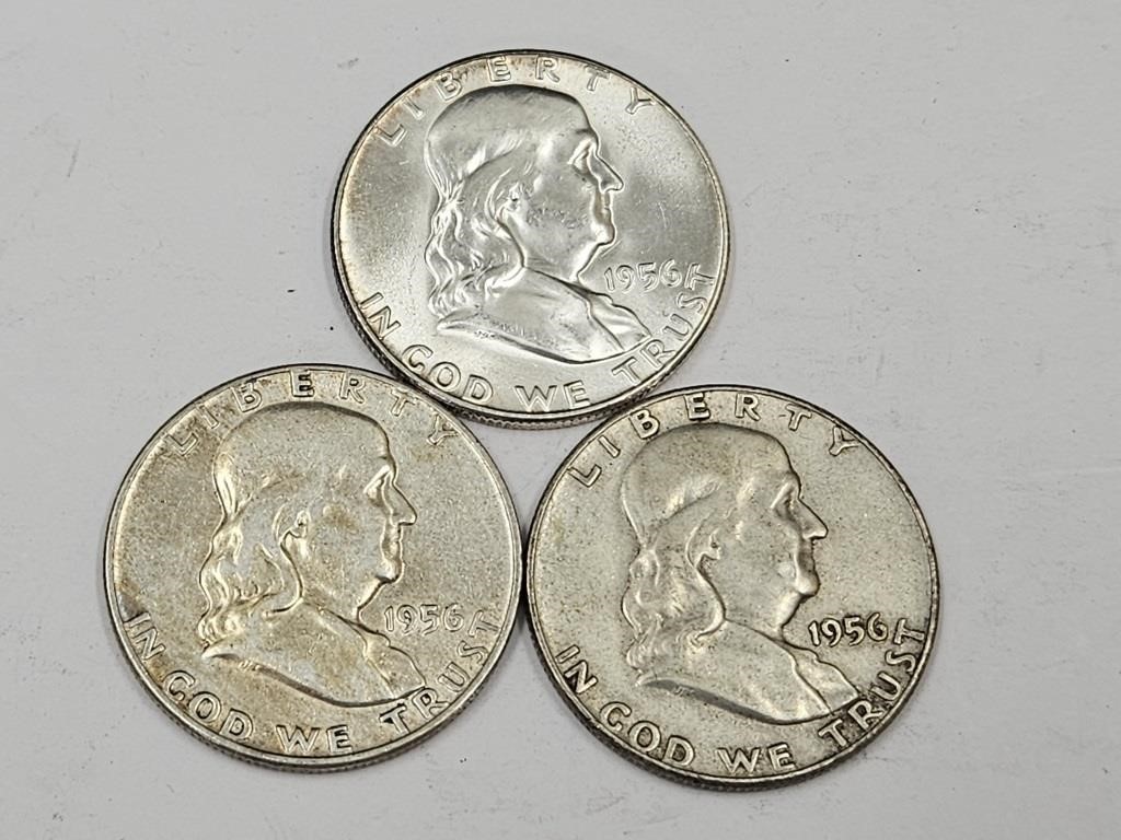 3- 1956 Ben Franklin Silver Half Dollar Coins