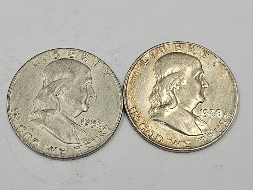 2- 1958 D Ben Franklin Silver Half Dollar Coins