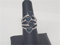 .925 Sterling Silver Diamond/Blue Diamond Heart Ri