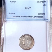 1920-D Mercury Silver Dime NNC - AU55