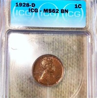 1928-D Lincoln Wheat Penny ICG - MS 62 BN