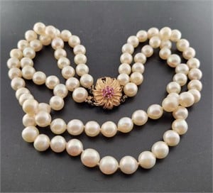 Estate 14K pearl strand with ruby flower clasp