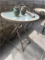 Small Round Glass Top Patio Table & Hanging Decor