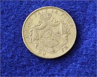 1874 Belgian 20 Franc Gold Coin