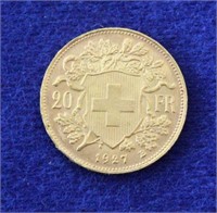 1927 B Helvetia  Swiss Gold Franc Coin