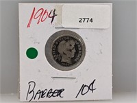 1904 90% Silver Barber Dime