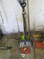 GROUP OF SNOW SHOVEL, POTATO FORK, STONE AND