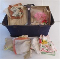 Canvas store basket with 20+ old hankies. Many