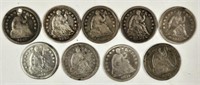 9 Well Circulated Seated Liberty Silver Half Dimes