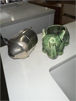 SMALL METAL PIG BANK & SMALL GREEN ELEPHANT