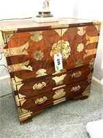 Pair Burl Wood Japanese Chest Ornate Brass Accents