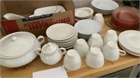 Misc Saucers, Gravy Bowl, Cups, And 7 Pink