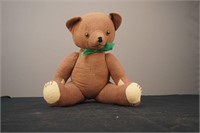 Vintage Brown Felt Teddy Bear with Green Bow