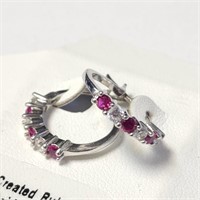$160 Silver Created Ruby Hoop Earrings