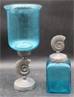 (L) Blue Glass. Candle Holder, Canister w/ Shell