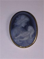 14KT GOLD BLUE CAMEO w MOTHER & CHILD BROOCH HALLM