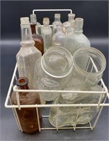 Collection of Vintage Bottles & Wire Basket