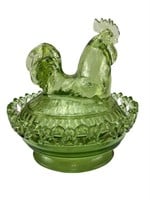 Vintage Imperial Glass Kelly Green Rooster On Nest