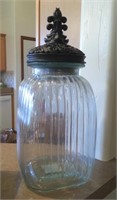 TALL RIBBED GLASS CANISTER W/FLEUR DE LIS LID