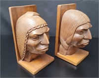 Native American Wood Sculptured Book Ends vtg