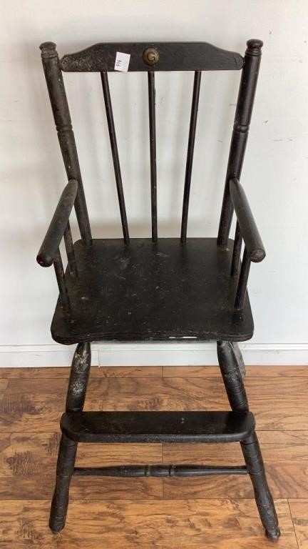 Black wood high chair, G medal on back, needs