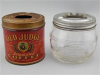 2 Old Judge Coffee Ashtrays.Glass.Tin