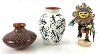 Mini Sunface Kachina & (2) Pottery Vases