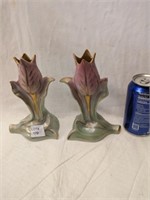 2 Vintage Handpainted Lustreware Tulip Vases 7"