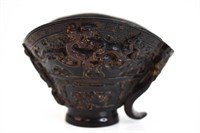Chinese Ox Horn High Relief Chi Dragon Cup