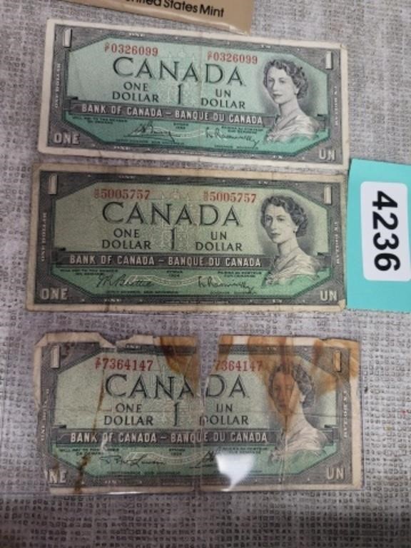 (3) 1954 CANADIAN ONE DOLLAR NOTES