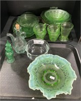 17pc  Uranium Green Depression, Opalescent Glass.