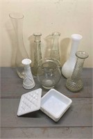 Glass Vases & Milk Glass Dish