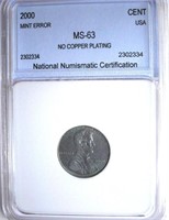 2000 Lincoln Cent NNC MS-63 No Copper Plating
