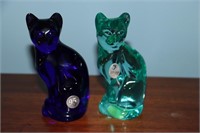2 Fenton collectible cats - 1 aqua 1 blue