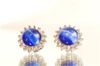 Star Sapphire cabochon Earrings with Diamonds