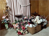 Various artificial plants and flowers, baskets,